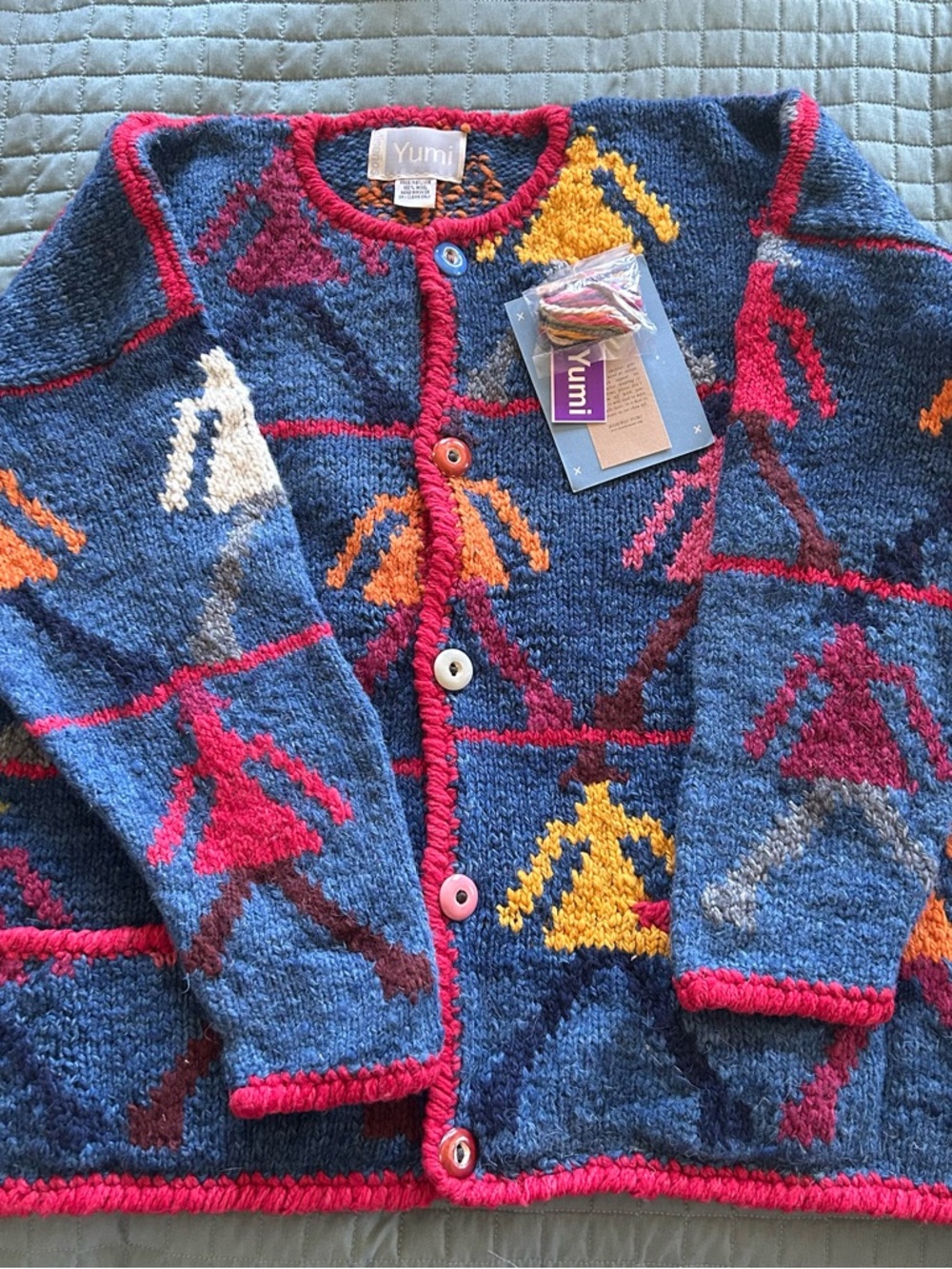 Yumi 100% Wool Blue Knit Cardigan with Colorful Figures